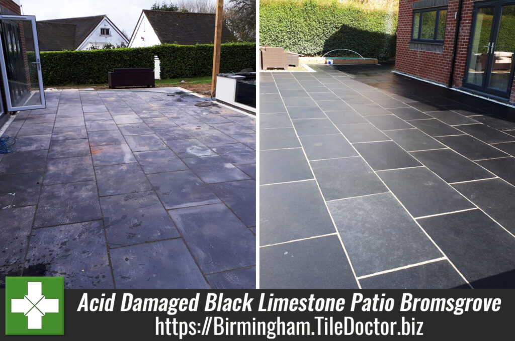 Acid damaged black limestone patio tiles in Bromsgrove