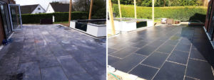 Acid Damaged Black Limestone Patio Before and After Restoration Bromsgrove